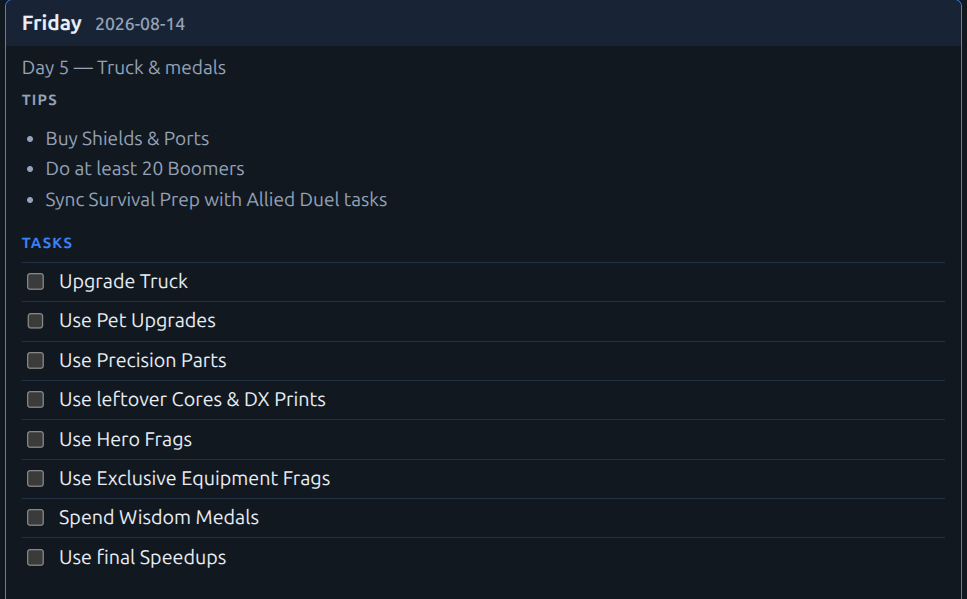 Allied Duel Web page for tracking daily event tasks
