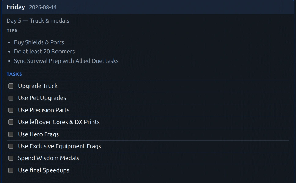 Alliance Duel Web page for tracking daily event tasks
