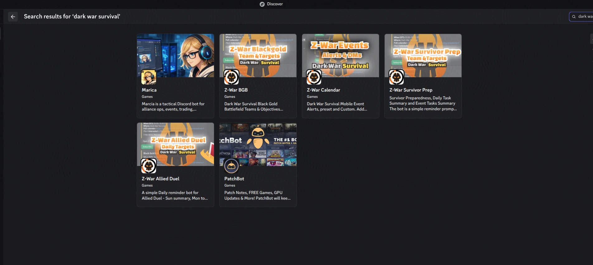 Discord Listings for Dark War Survival bots by Z-War