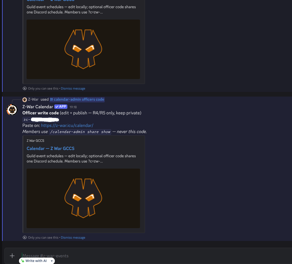 Z-War discord events bot officer share code