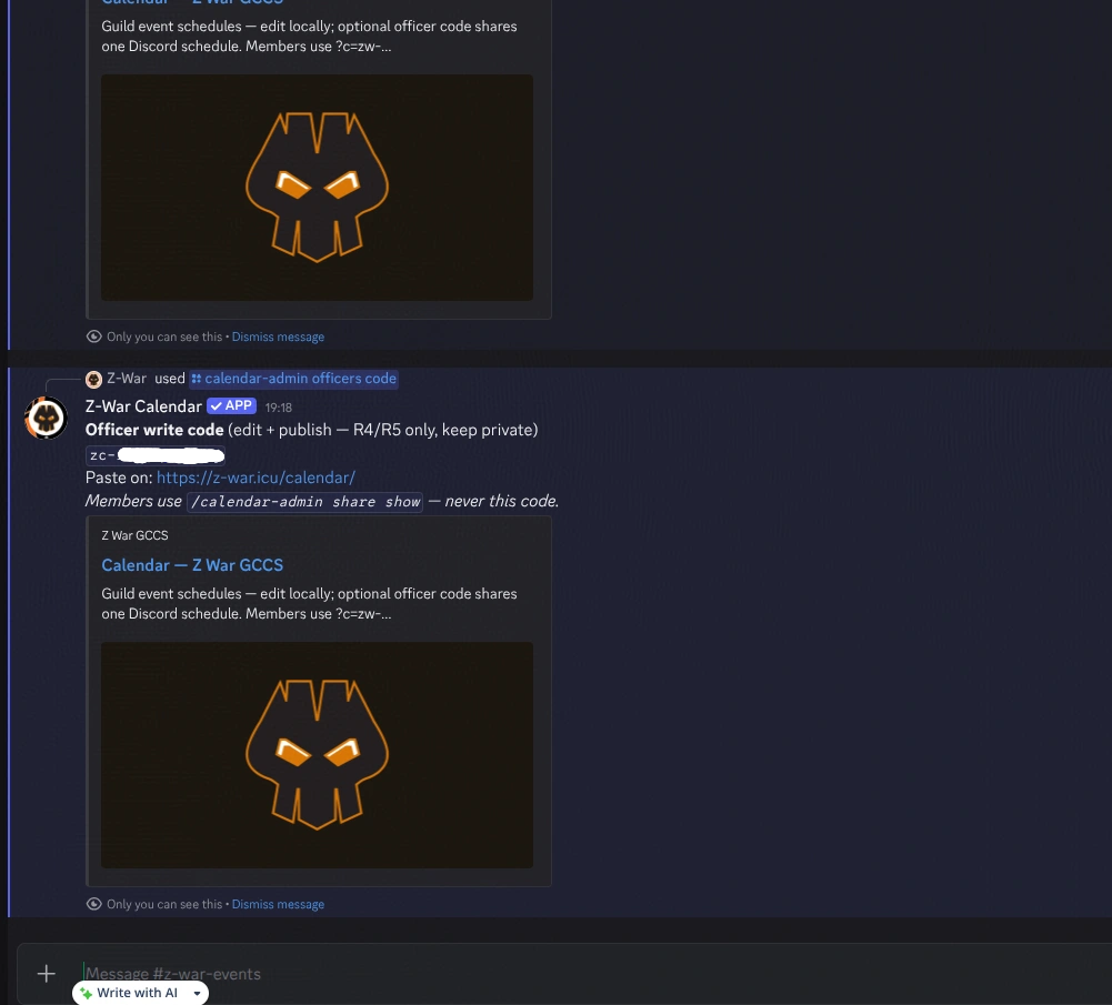 Z-War discord events bot officer share code